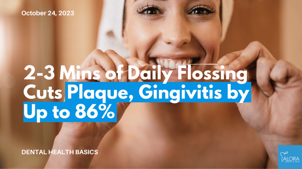 Smiling woman demonstrating flossing technique, with text "2-3 Mins of Daily Flossing Cuts Plaque, Gingivitis by Up to 86%" and a date of October 24, 2023