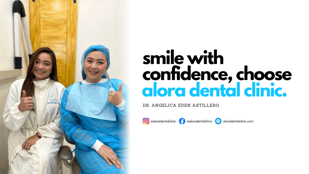 Patient and dental professional from Alora Dental Clinic posing with thumbs up, alongside the tagline 'Smile with confidence, choose Alora Dental Clinic' and contact information